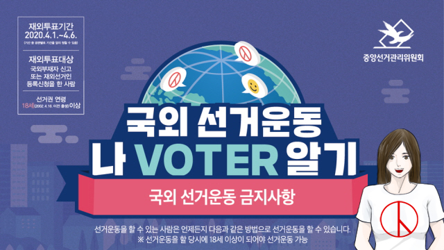 재외투표기간 2020.4.1. ~4.6. 재외투표대상 국외부재자 신고 또는 재외선거인 등록신청을 한 사람 선거권 연령 18세(2002.4.16. 이전 출생)이상 국외선거운동 나 VOTER 알기 국외 선거운동 금지사항 선거운동을 할 수 있는 사람은 언제든지 다음과 같은 방법으로 선거운동을 할 수 있습니다. ※선거운동을 할 당시에 18세 이상이 되어야 선거운동 가능 중앙선거관리위원회